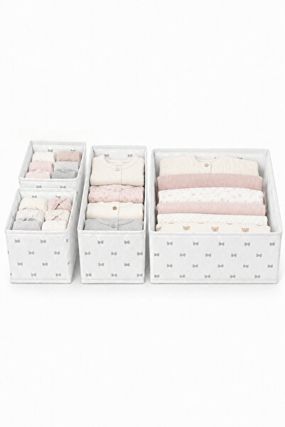 Textia Home 4'lü Çekmece Dolap Içi Düzenleyici Kutu Raf Set Bebek Eşyası Çocuk Odası Banyo Organizer/Fiyonk