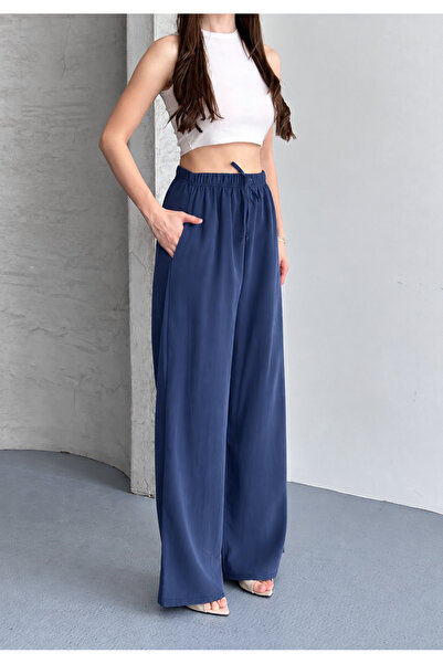 Ruby Wear Kadın Tencel Kumaş Yüksek Bel Bol Paça Beli Lastikli Salaş Pantolon