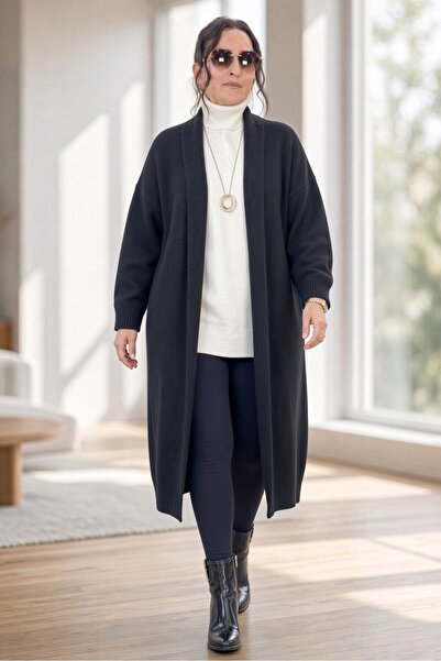 yagmurberen Thick Knitted Shawl with Sleeve and Hem Cuffs, Collar, Plus Size ...