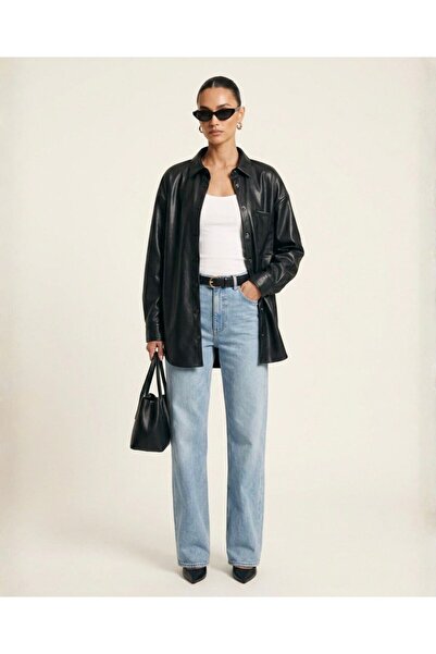 Grenj Fashion Siyah Oversize Cep Detaylı Deri Gömlek