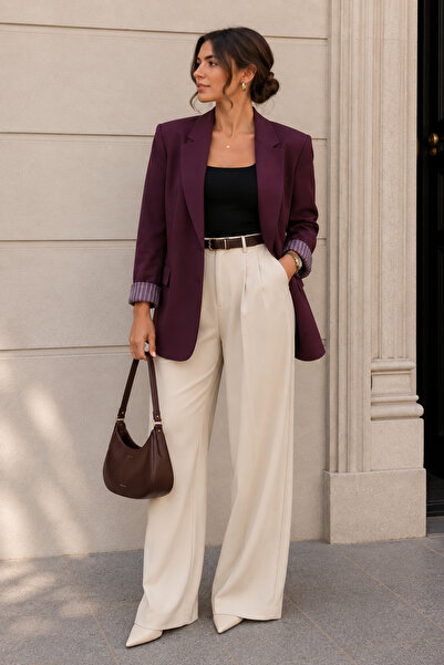 H&G Giyim D&L Boutique Kadın Bordo Oversize Blazer Ceket