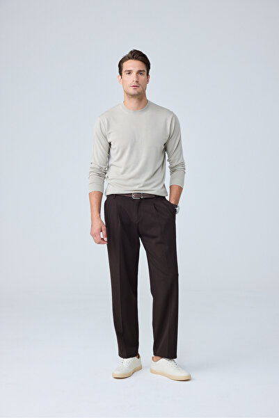 Danger Erkek Baggy Fit Pileli Kumaş Pantolon Kahverengi 0172DNGR