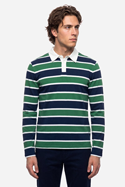 Mudo Erkek Lacivert Çizgili Comfort Fit Polo Yaka Sweatshirt