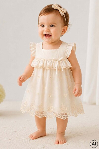 Cantoy Girl's Cream Vintage Lace Embroidered Tulle Dress and Bandana