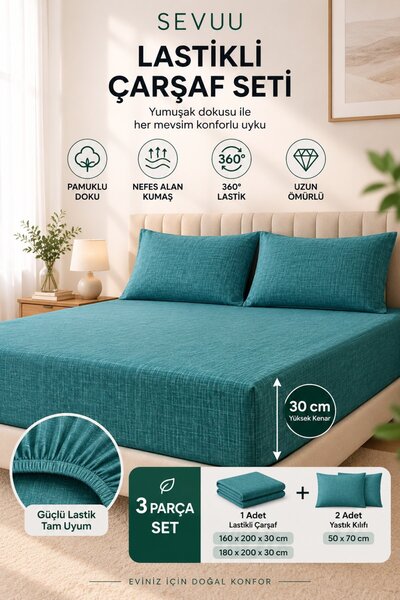 SEVUU Ranforce Polikoton Battal Boy Lastikli Çarşaf Takımı 3 Parça 180x200x30...
