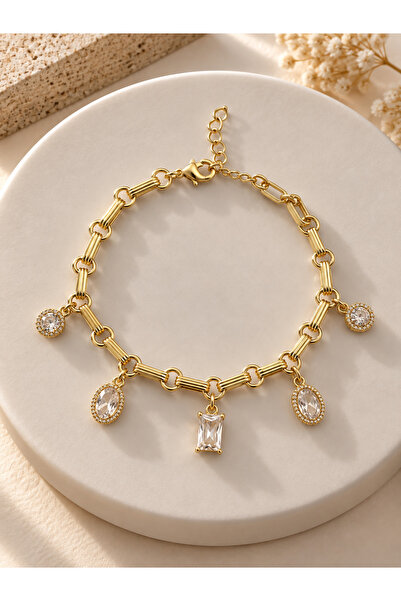 JEWELRY Kuyumcu Model Gold Taşlı Sallantılı Charm Bileklik – Zirkon Taşlı Şık...