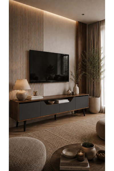 VM VERTEX MOBİLYA Roma Ahşap Ayaklı Tv Ünitesi Tv Sehpası Ceviz-Antrasit