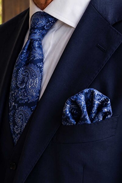 Kravatkolik Navy Blue Paisley Pattern Classic Tie with Handkerchief Kk13129