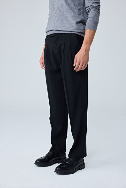 Danger Men's Viscose Blended Side Buckle Pleated Baggy Trousers Black 0171Dngr