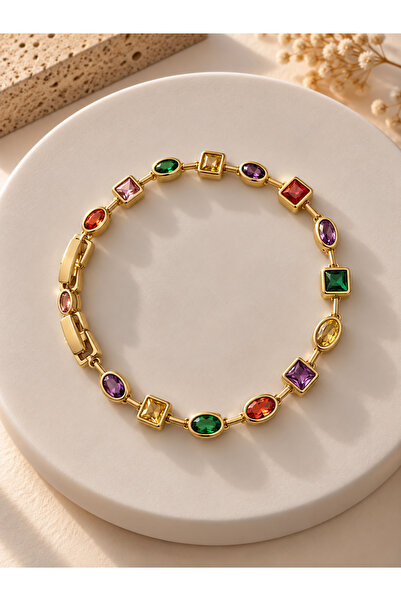 JEWELRY Colorful Stone Detailed Pinterest Model Brass Plated Elegant Women's ...