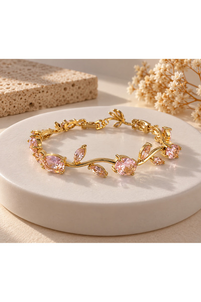 JEWELERY Tulip Pembe Taşlı Lale Çiçek Detaylı Gold Zarif Kadın Bileklik