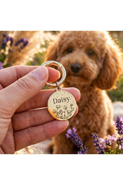 Loren Gift İsme Özel Çelik Kedi Köpek İsimlik Künyesi Çiçekli Gold