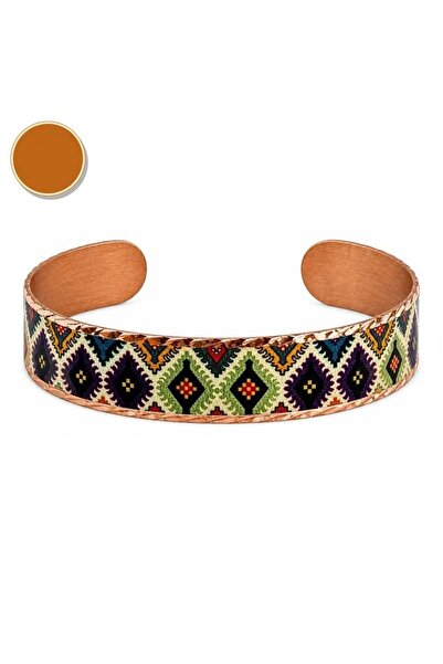 Erol Bakır Black and White Ethnic Pattern Wide Form Thick Copper Bracelet, Ha...