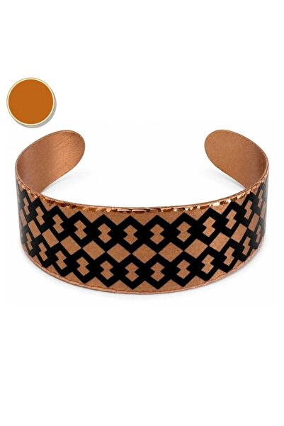 Erol Bakır Black Cream Square Motif Wide Form Thick Copper Bracelet, Hand-Emb...