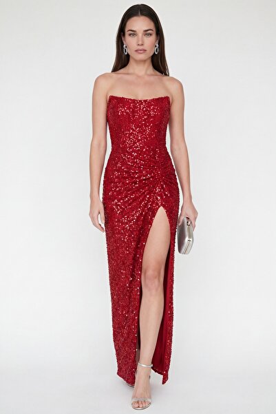 Lafaba Women's Red Strapless Neckline Slit Long Sequin Evening Dress
