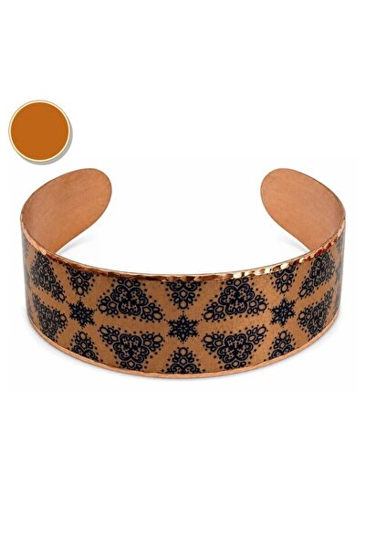 Erol Bakır Green Cream Ethnic Wide Form Thick Copper Bracelet, Hand-Embroider...