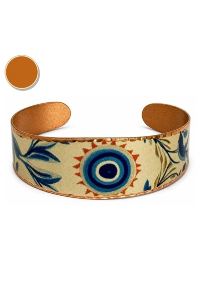 Erol Bakır Brown Cream Knitted Wide Form Thick Copper Bracelet, Hand Embroide...