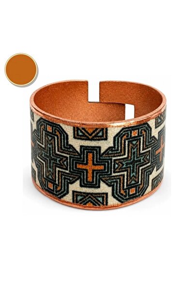 Erol Bakır Red Black Kilim Thick Copper Ring, Hand Embroidered Adjustable Model