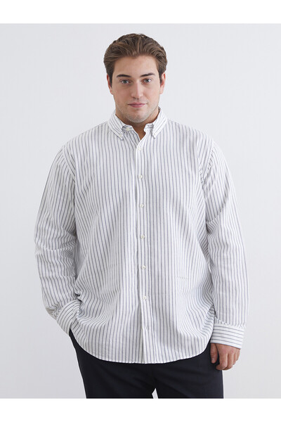 LC Waikiki Southblue White Large Size Regular Fit Long Sleeve Striped Men's S...