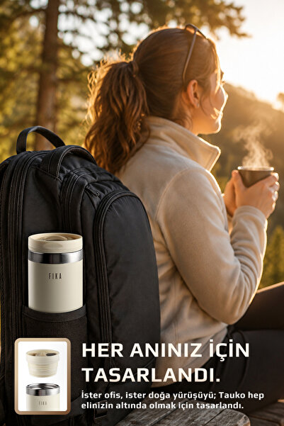 NEOFLAM Fika Tauko Sızdırmaz Kolay Sökülebilir Derin Temizlenebilir Patentli Kapaklı Çelik Bardak Termos 470 ML - Bej