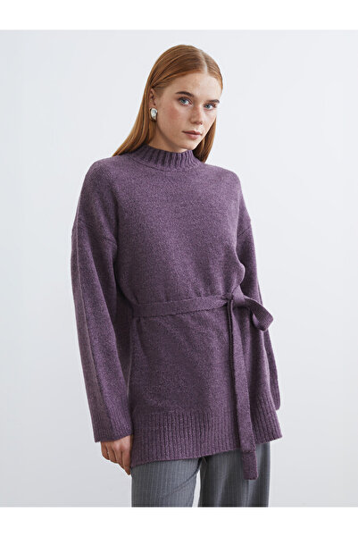 LC Waikiki Lcw Modest Purple Knitwear Plain Oversize Women's Tunic with Nevav...