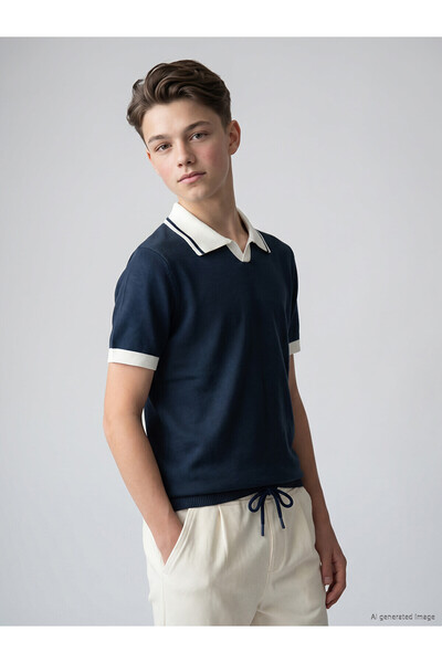 LC Waikiki Lcw Kids Navy Blue Knitwear Plain Polo Collar Boys' Sweater with N...