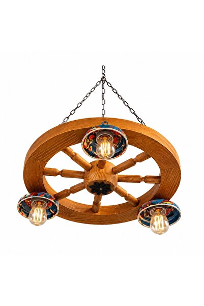 OEM Candelabru rustic din lemn masiv, tip roată de carucior - 3 becuri maro