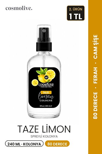 Cosmolive Kolonya | Taze Limon | 80° | Spreyli | Cam Şişe | Kraft Kutu | 240 ml