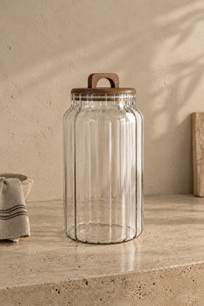 Dekorzdükkan Ligna 4000 ml Acacia Vacuum Lid Striped Glass Jar