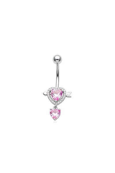 Siya Silver Pembe Taşlı Aşk Kalpli Ok Sallantılı Cerrahi Çelik Göbek Piercing...