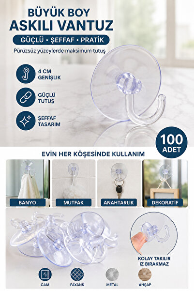 Hobialem Büyük Boy Askılı Vantuz, 100 Adet 4cm Şeffaf Plastik Kancalı Öpücük ...