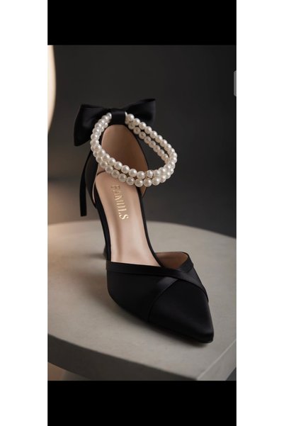 Famels High Heeled Shoes Black Satin Replacement Heels with Heel Caps Evening Dress Shoes and Evening Dress Bag Set
