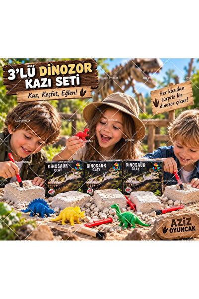 AZİZ OYUNCAK 🤎🧡💛 3’lü Dinozor Kazı Seti – Sürpriz Dinozor Çıkarma Oyunu, E...