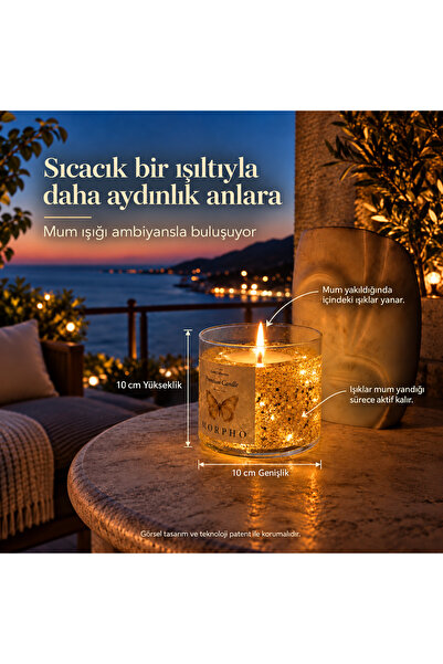 MorphoMum MORPHO GOLD PREMİUM IŞIKLI ve KOKULU ÖZEL TASARIM MUM - Amber ve Sa...