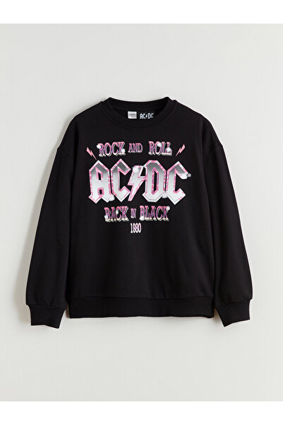 LC Waikiki Alita City Lcw Kids Black Oval Collar Ac/Dc Printed Girls' Sweatsh...