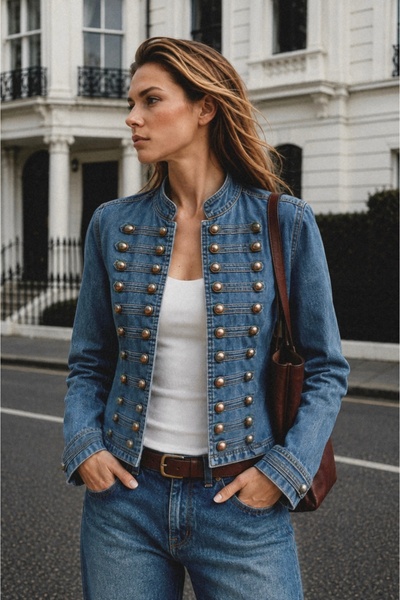 Atelier CONTEMPO Kadın Metal Düğme Detaylı Aplikeli Napolyon Denim Ceket