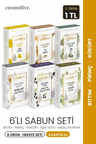 Cosmolive Solid Soap Set | Natural 6-Piece | Bıttım | Rice | Sulfur | Donkey ...