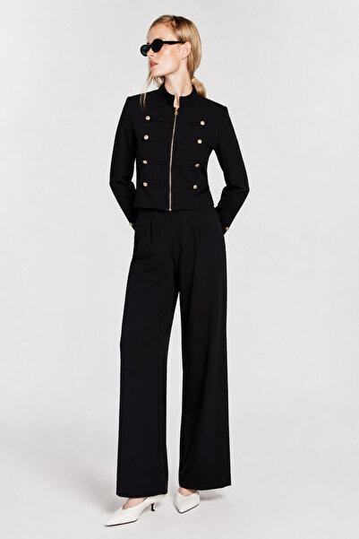 Lovelyİstanbul Gold Buttoned Woven Jacket-Pants Set Laz0015 Black