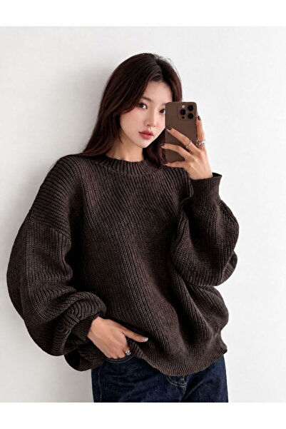 Kırlangıç Moda Brown Oversized Crew Neck Women's Knitwear Sweater