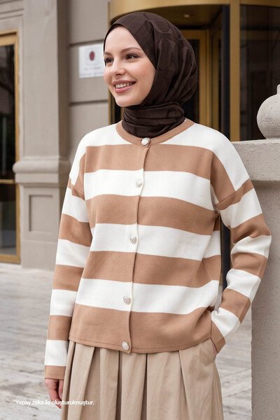 InStyle Gold Buttoned Striped Camel Knitwear Cardigan