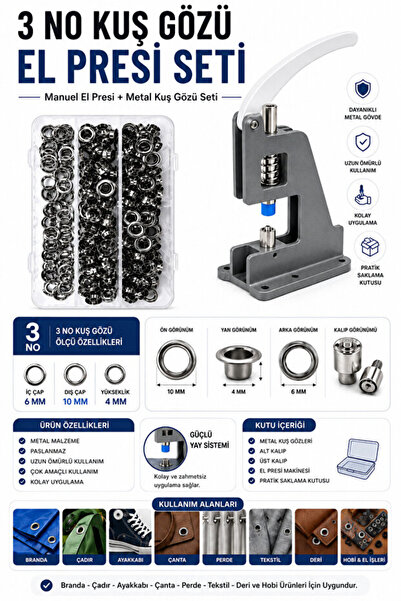 hodbehod 3 No Kuş Gözü Çakma Seti – Tulumba El Presi ve 200 Set Metal Kuş Gözü