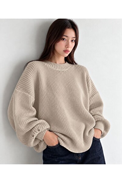 Kırlangıç Moda Beige Oversized Crew Neck Women's Knitwear Sweater