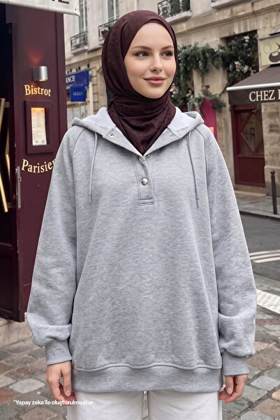 InStyle Siva dukserica sa kapuljačom i kopčanim ovratnikom