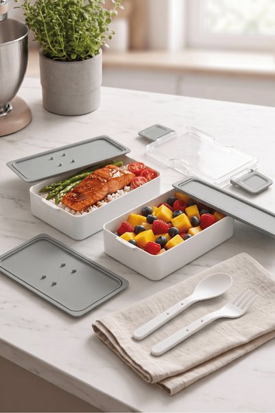 Duo Line Household Utensils وعاء تغذية لونو ذو طبقتين مع غطاء كريستالي وملعقة مدمجة