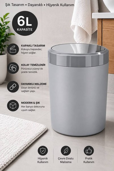 Tugomer 6 Lt Pratik Kapak Mutfak Çöp Kovası - Çizgili Tasarım Yuvarlak Banyo ...
