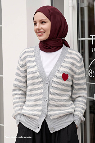 InStyle Gray Knitwear Cardigan with Heart Stripes