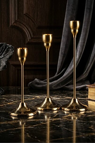 MaperaHome 3'lü ( Üçlü ) Düz Ayak Gold Şamdan Mumluk Dekoratif Mumluk Paslanm...