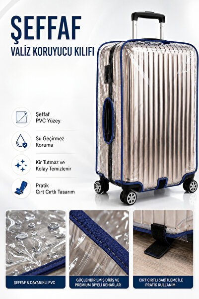 Textia Home Şeffaf PVC Valiz Koruyucu Kılıf – Lacivert Biyeli, Cırt Cırtlı Bavul Koruma Kılıfı