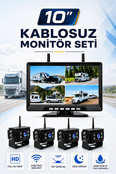 ONQAM 10'' INÇ 4 Kameralı Monitörlü Tır Kamyon Otobüs Servis Karavan İçin Kab...