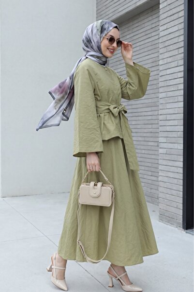 Modamorfo Single Button Belted Skirt Suit - Olive Green
